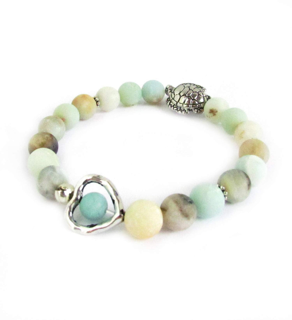 Sea Turtle and Heart Charm Bracelet with Amazonite Stones, Valentines Gifts for Women