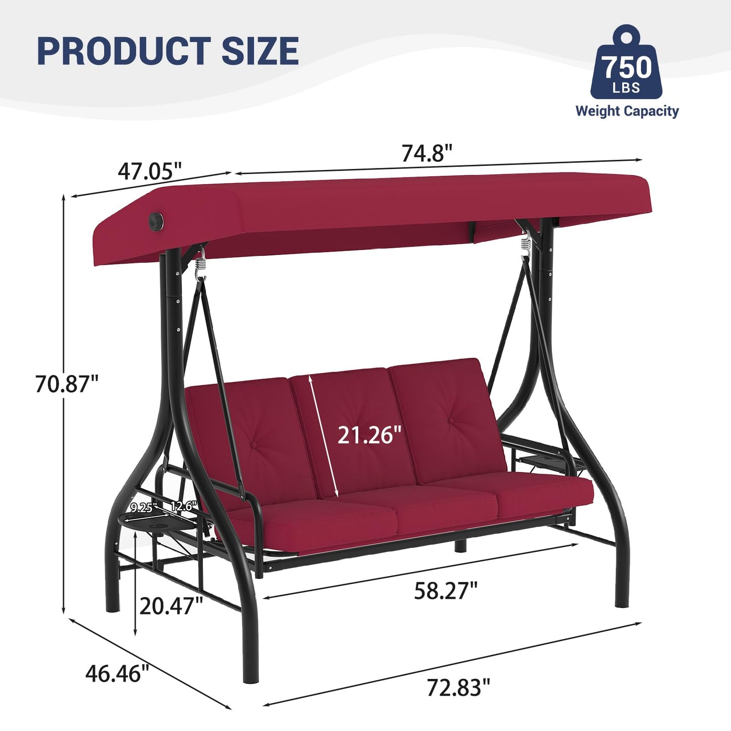 GarveeLife 3-Seat Outdoor Porch Swing with Adjustable Canopy, Convertible Patio Swing Bed with Stand, Thick Cushions & Cup Holders, Weather-Resistant for Backyard, Garden, Porch - Red