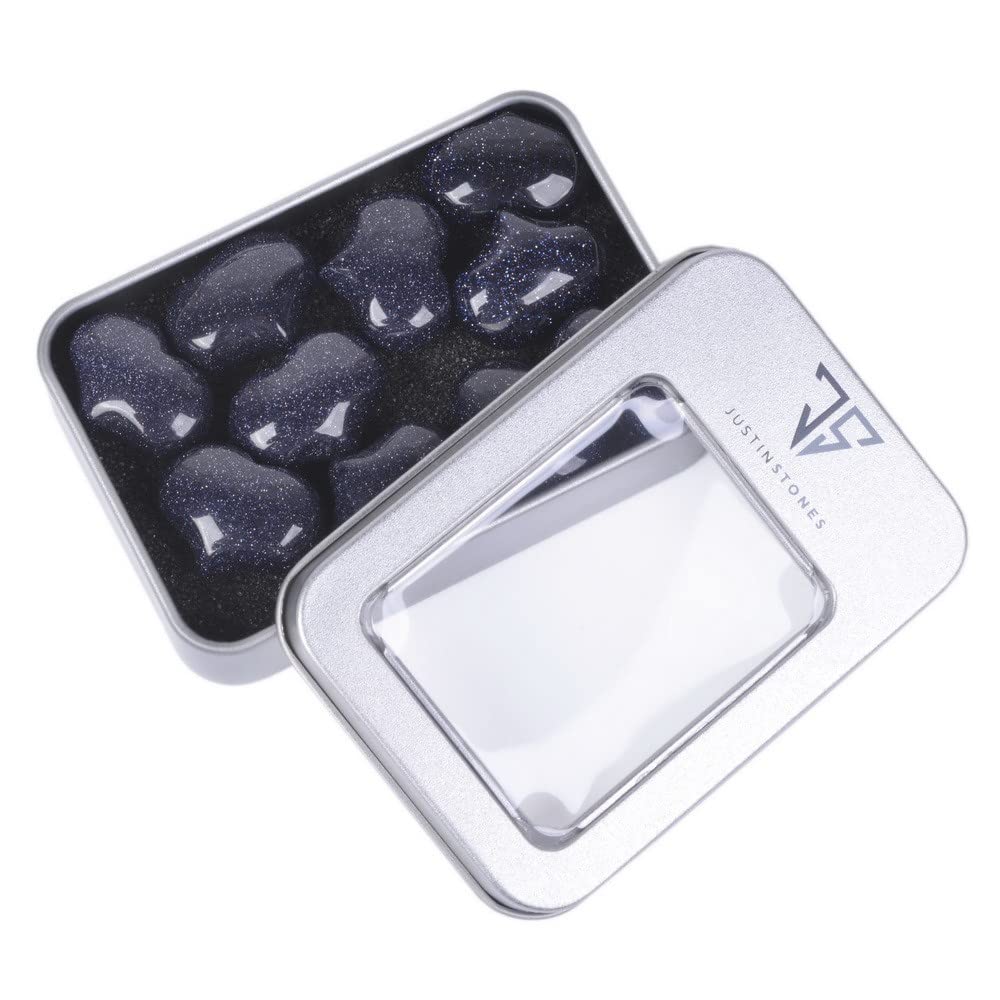 Justinstones Synthetic Blue Goldstone Healing Crystal 1 inch Mini Puffy Heart Pocket Stone Iron Gift Box (Pack of 10)