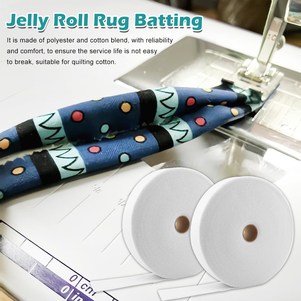 Meirivrn 2 Rolls Jelly Roll Batting Strip Thick Cotton Blend Fleece Battings for Jelly Roll Rugs, 2 1/4 Inch Cotton Blend Fleece Batting Strips Total 100 Yards for Throw Rugs(5.7cm/2.24inch)