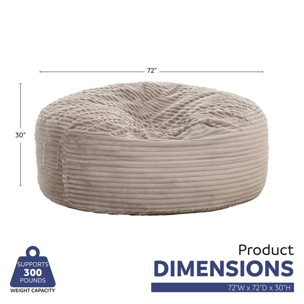 Pemberly Row 6 ft. Gray Faux Mink Bean Bag, Shredded Foam Filling, Soft Corduroy Upholstery, Removable Washable Cover, Oversized Lounger for Living Room, Bedroom, Playroom Relaxation