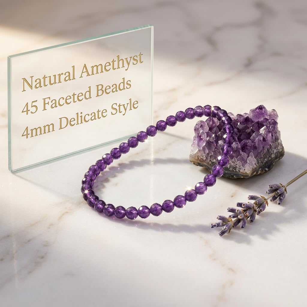 Angelstones Natural Amethyst Gemstone Stretch Bracelet, 4mm Faceted Round Beads, Crystal Healing for Women