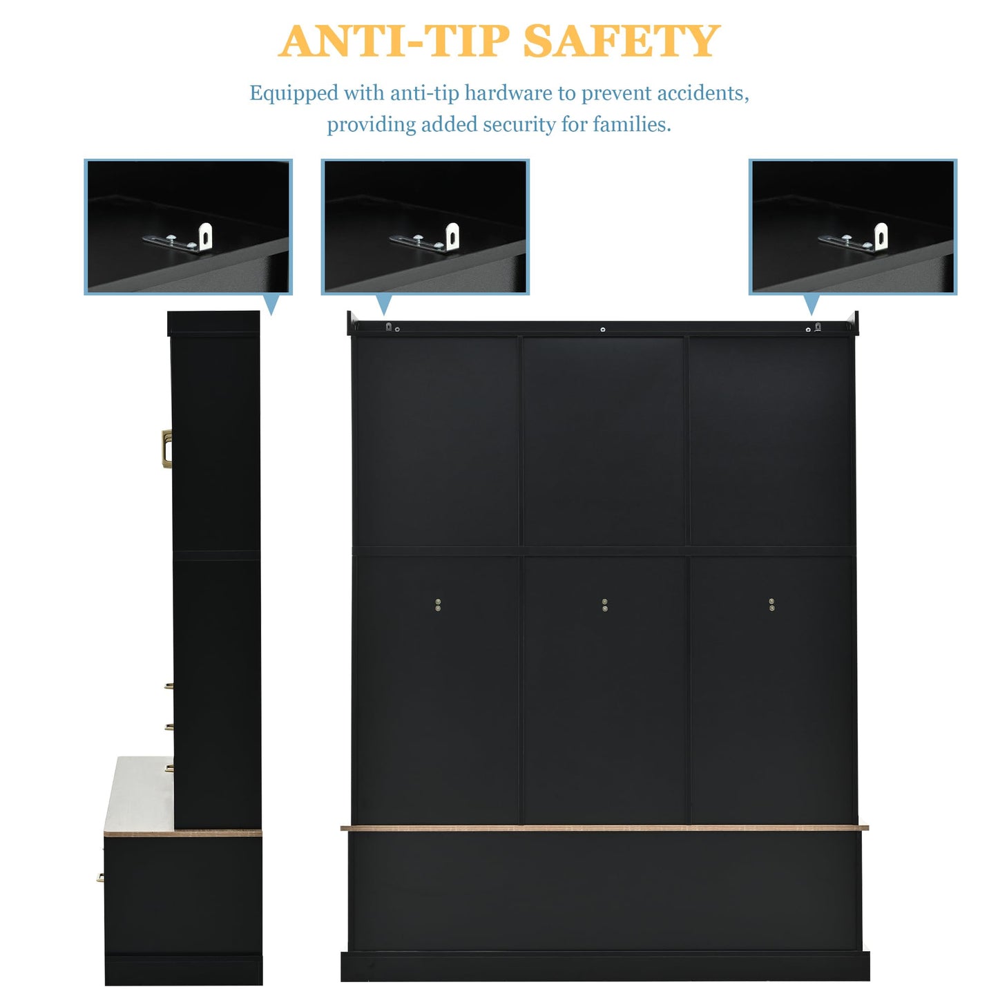 Amposei Hall Tree with Storage Bench & Coat Rack 58’’W Modern Tall Entryway Oranizer Cabinet with 6 Drawers, 3 Metal Hooks for Living Room Hallway Mudroom, Black