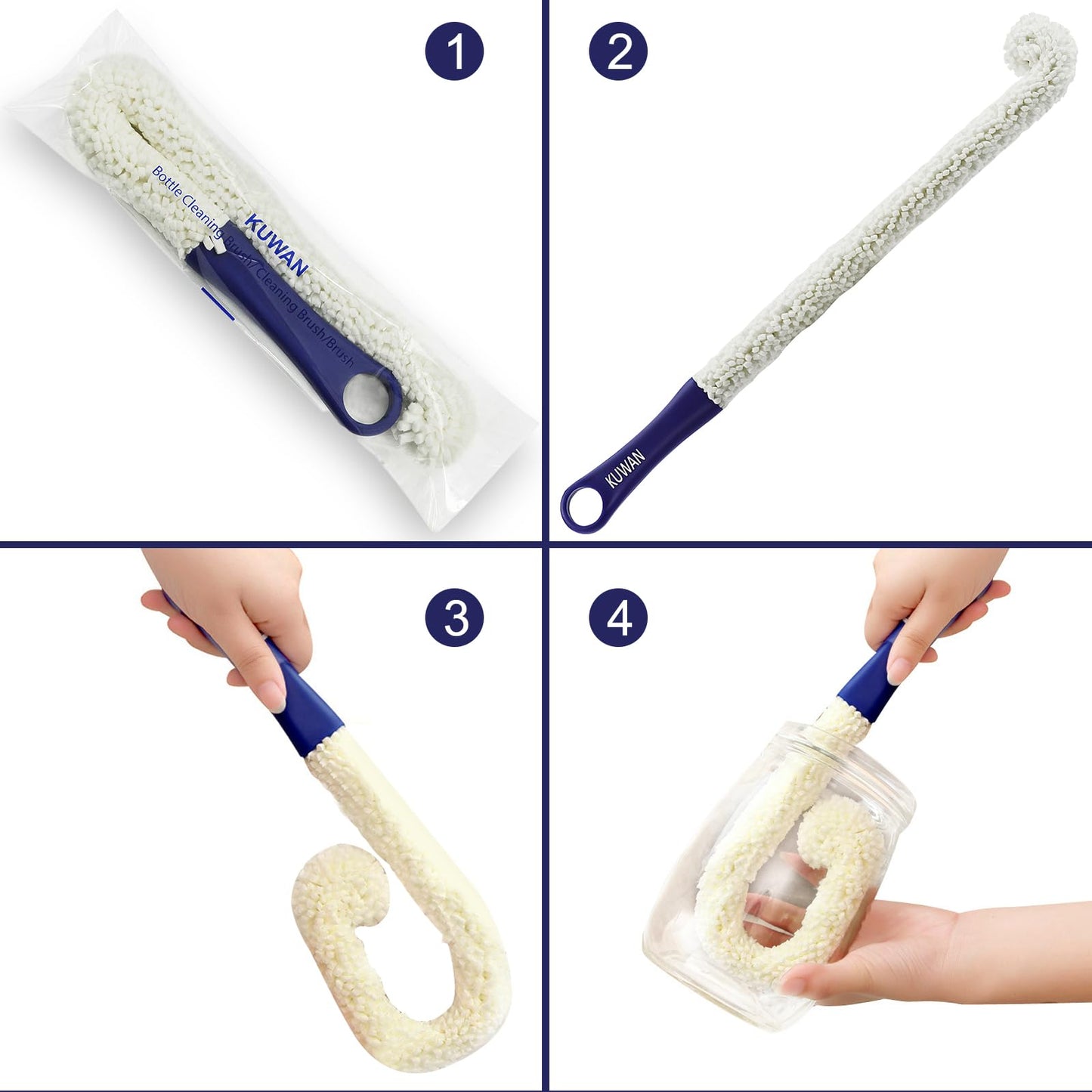 KUWAN Bottle Cleaning Brush Multi-Function Household Tools Flexible Bottle Scourer for Some Decanters, Goblets, Glasses, Cups (Long 3pcs)