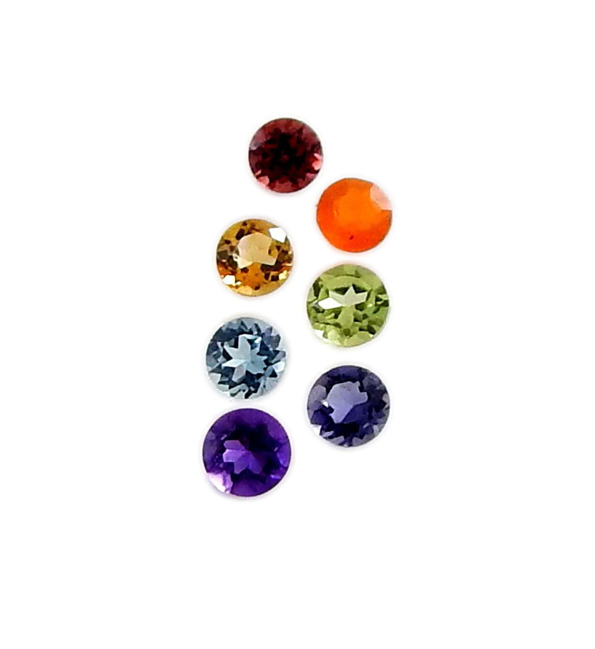 Myhealingworld Natural Amethyst Iolite Blue Topaz Peridot Citrine Carnelian and Garnet 3mm round faceted brilliant cut 7 chakra AAA quality loose calibrated gemstones for jewelry making (BOX 1 - (Round 3mm = 7 Stones)