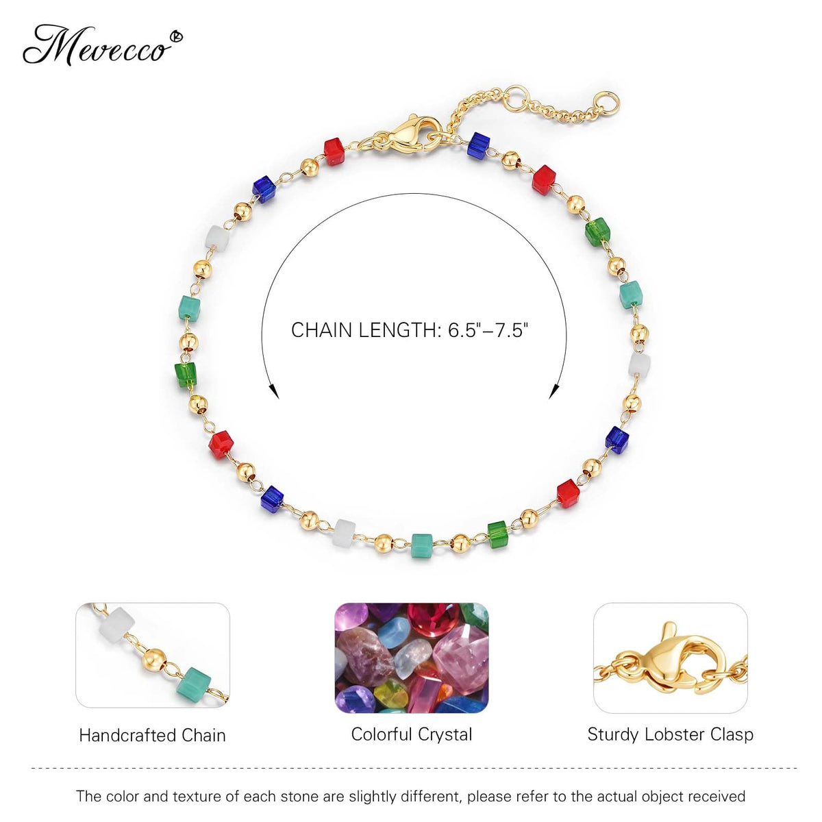 MEVECCO Gold Bracelet for Women 18K Gold Plated Colorful Square Crystal Stone Custom Handmade Mixed Beaded Charm Chain Bracelet Stack Jewelry Gifts