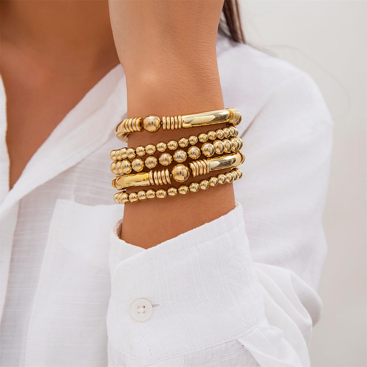 LXSSLY 5Pcs Silver Bangles Bracelets Set for Women,14K Gold Plated Stackable Bead Ball Bracelets Set,Adjustable Bead Bracelets,Boho Stretch Bead Ball Bracelet for Women