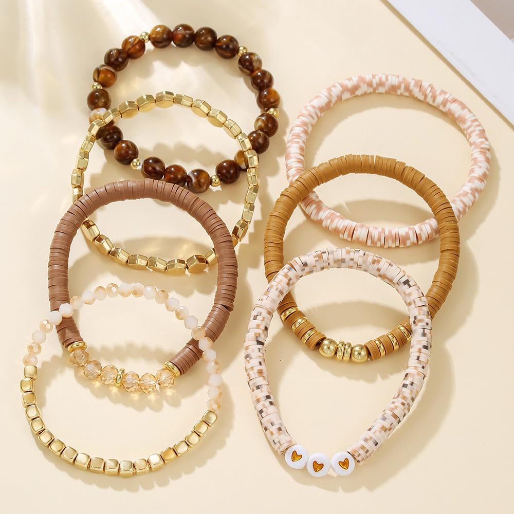 YEOSMINE Boho Heishi Clay Beaded Stretch Bracelets Stack For Women, Preppy Teens Friendship Gold Bracelets Cute Beach Surfer Accessories Bulk Set Trendy Fashion Jewelry