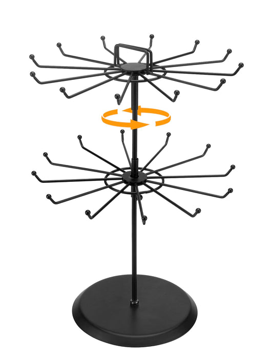 MyGift 2 Tier Black Metal Rotating Necklace tree stand for vendor & bracelet holder Jewelry Stand with 24 Hooks, Multipurpose Accessory and Keychain Spinning Display with Top Handle Card organizer