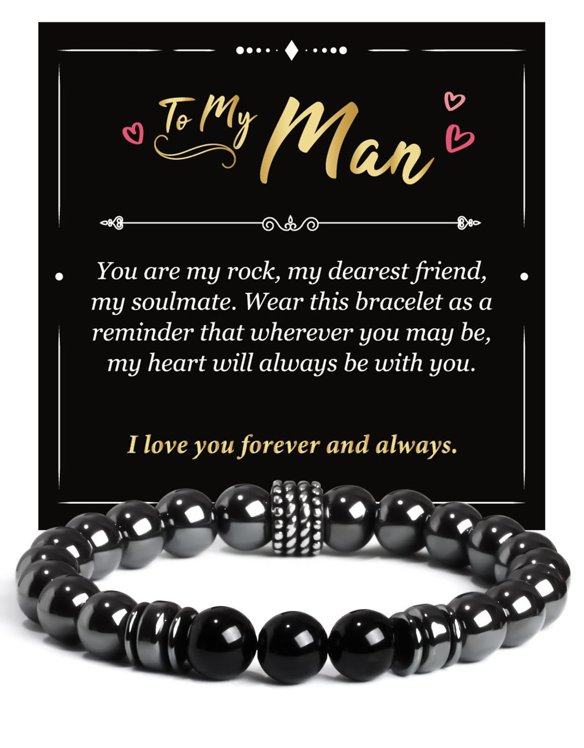 Landorilo Gifts for Men, 8mm Natural Stone Beaded Bracelets, Hematite & Tourmaline Healing Bracelet, Handmade Mens Jewelry Gift for Him, Husband, Son, Father, Friend(Happy Birthday-7.5in)
