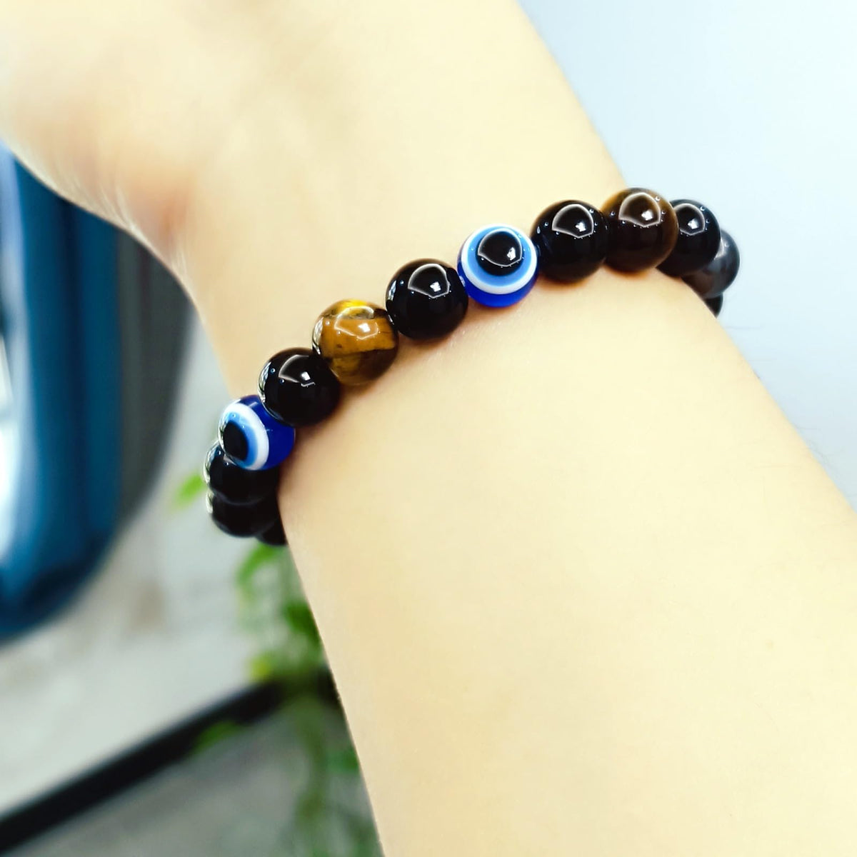 WEFRIN Evil Eye with Hematite Black Obsidian Tiger Eye Stone Triple Protection Bracelets for Men Women, Crystal Healing Stone Bracelet Bring Luck Prosperity and Happiness Jewelry (D-10mm)