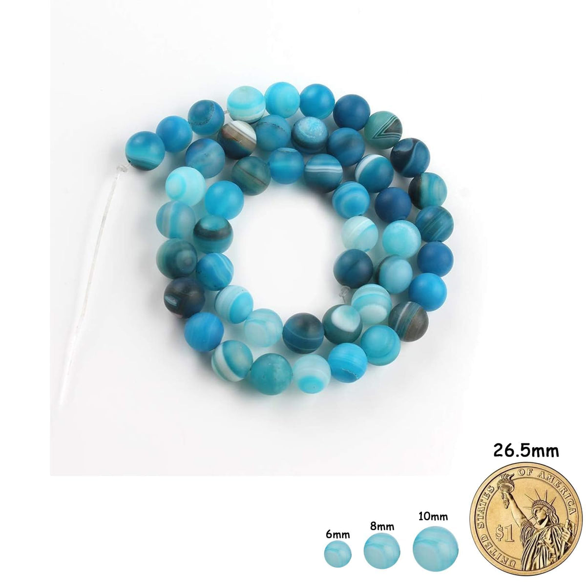 Yochus 45pcs Peacock Blue Dull Polish Matte Striated Agates Beads，8mm Healing Power Natural Stone Round Loose Beads for Jewelry Making Earring Necklace DIY Crafts