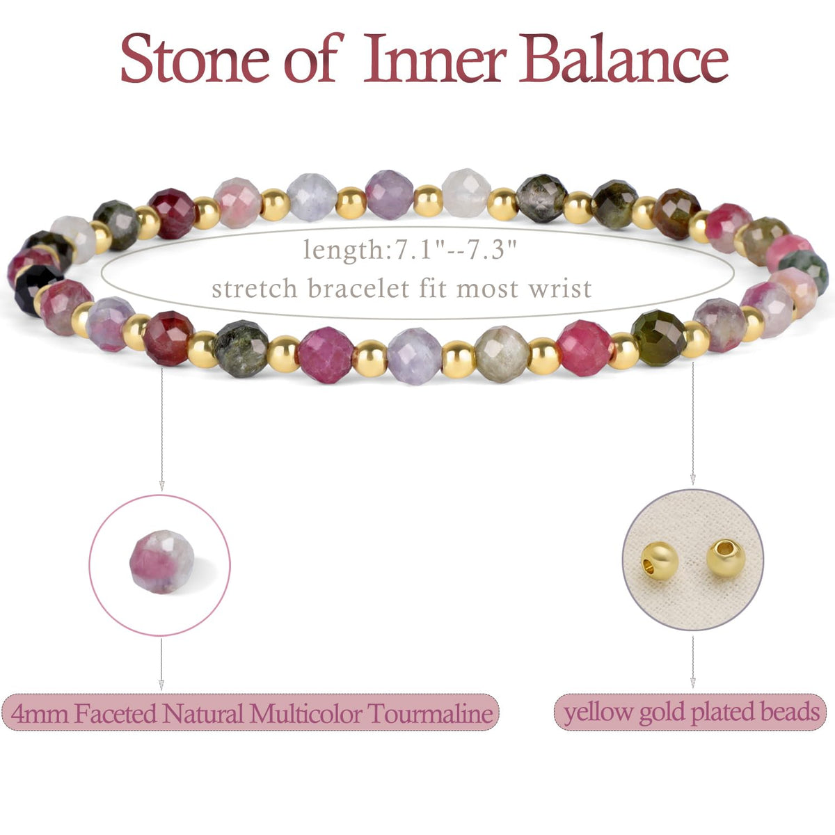 QOGIR Multicolor Tourmaline - Stone of Inner Balance - 14K Gold Plated Beads Natural Gemstone Stretch Elastic Dainty Healing Beaded Bracelets Gifts 4mm