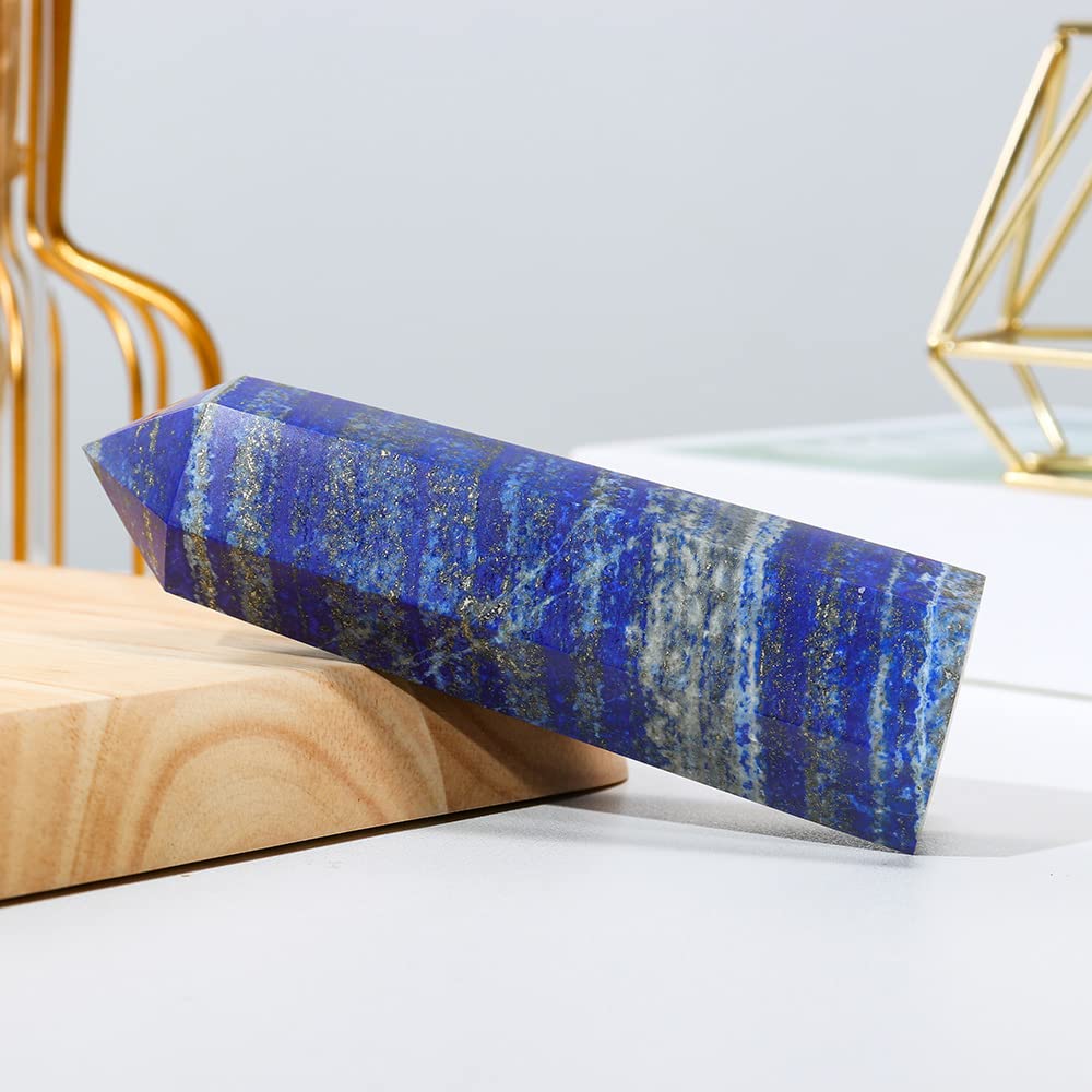 Runyangshi Large Lapis Lazuli Natural Healing Crystal Wand 4.72"-5" Crystals Tower 6 Faceted Single Point Crystal Prism Wand Natural Stones for Meditation Reiki Chakra Therapy Home Decor Gift