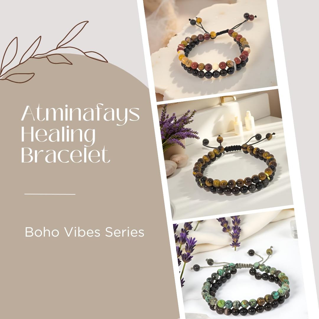 Atminafays 6MM Stackable Healing Bracelet - Mookaite Jasper, Tiger's Eye & African Turquoise with Silver Sheen Obsidian Beads | Adjustable Handwoven Cord | Boho Chic Spiritual Jewelry for Men & Women (Calm & Luck)