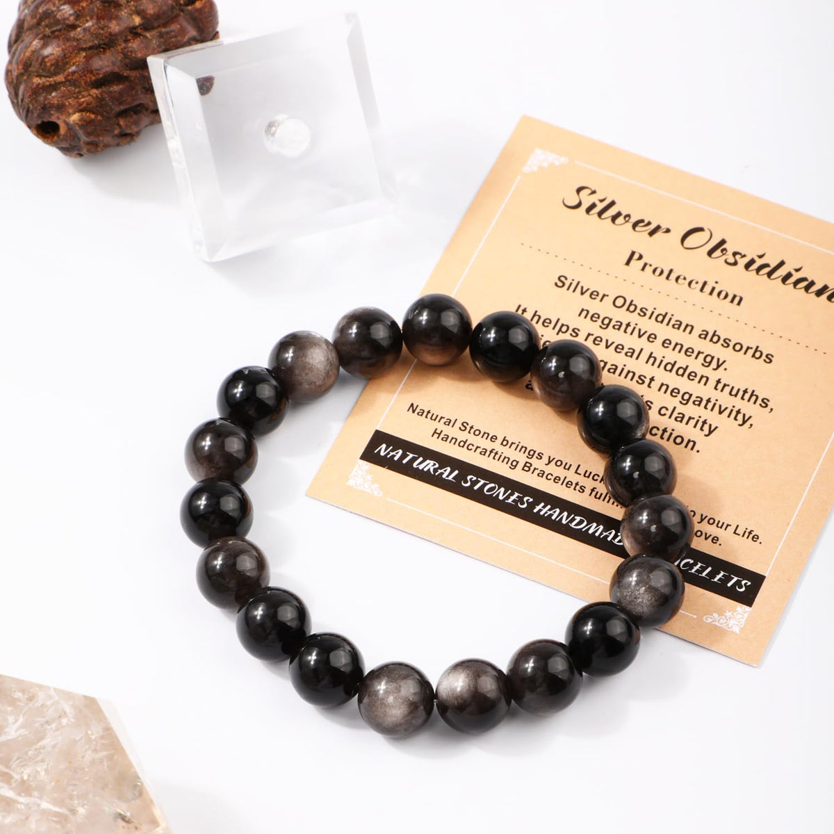 AD Beads 10mm Handmade Silver Obsidian Elastic Bracelet – Natural Gemstone for Protection – Meditation, Yoga, Healing and Energy Gift for Men Women