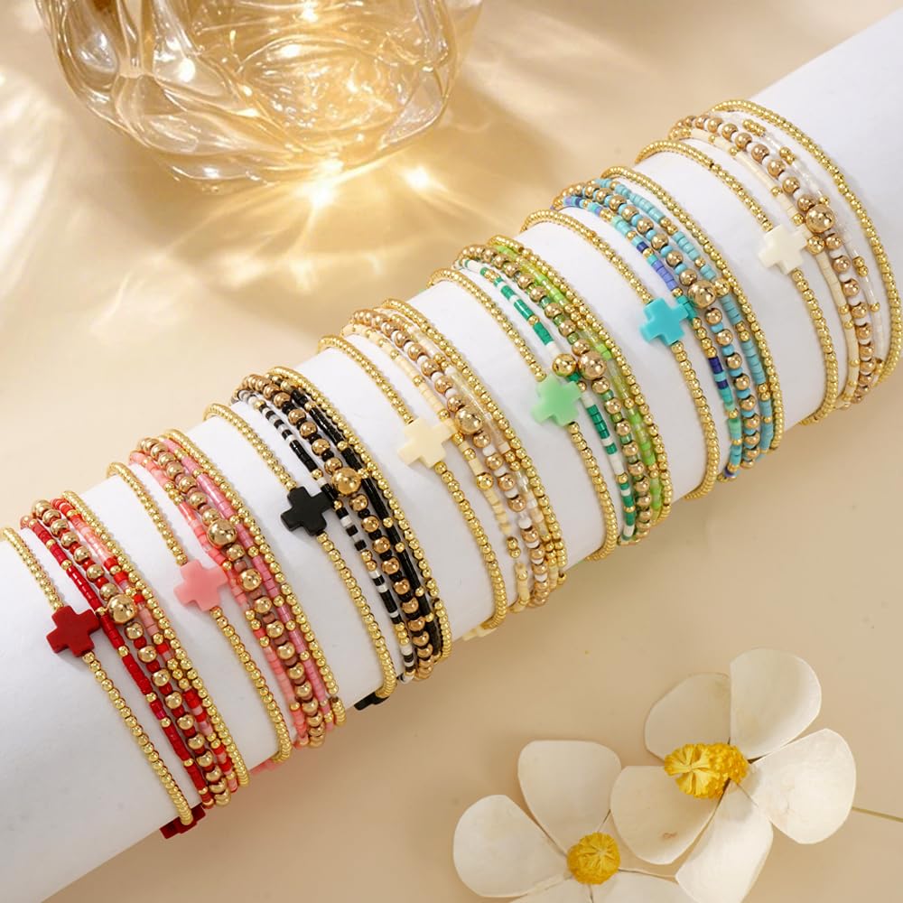 Bohxantium Gold Beaded Cross Bracelets Stack for Women, Blue Boho 5PCS Stackable Stretch Set with 14K Gold Beads - Waterproof Non Tarnish Jewelry for Beach Summer Party Christian Faith Friendship Gift