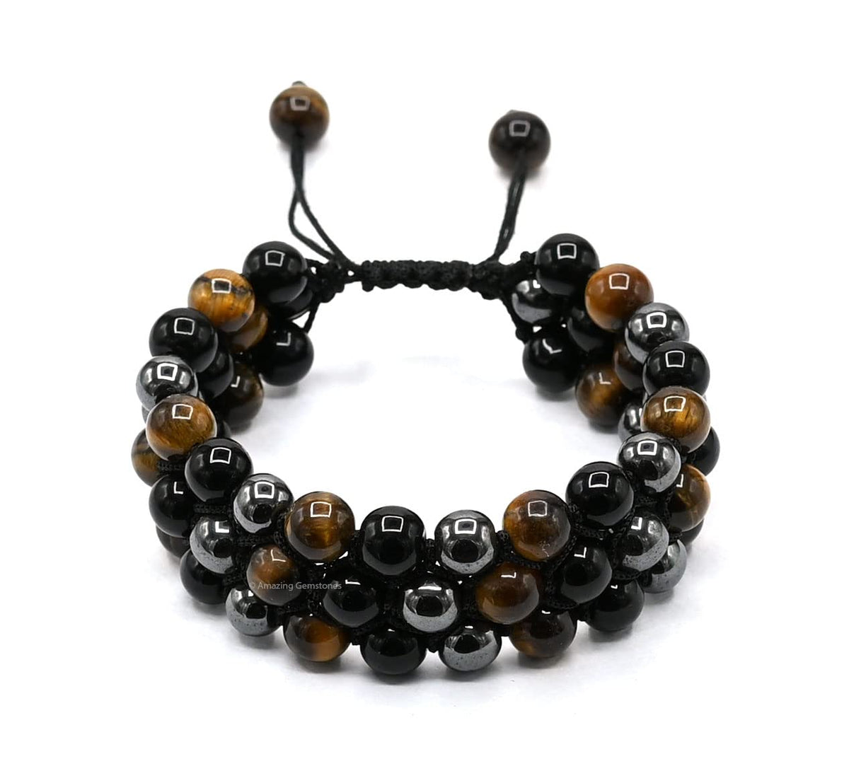 Amazing Gemstone Triple Protection Bracelet - Hematite Black Obsidian Tiger Eye Bracelet Set for Men Women Healing Calming Anxiety Stress Relief Gifts Stocking Stuffer (Adjustable, 3 Layer)