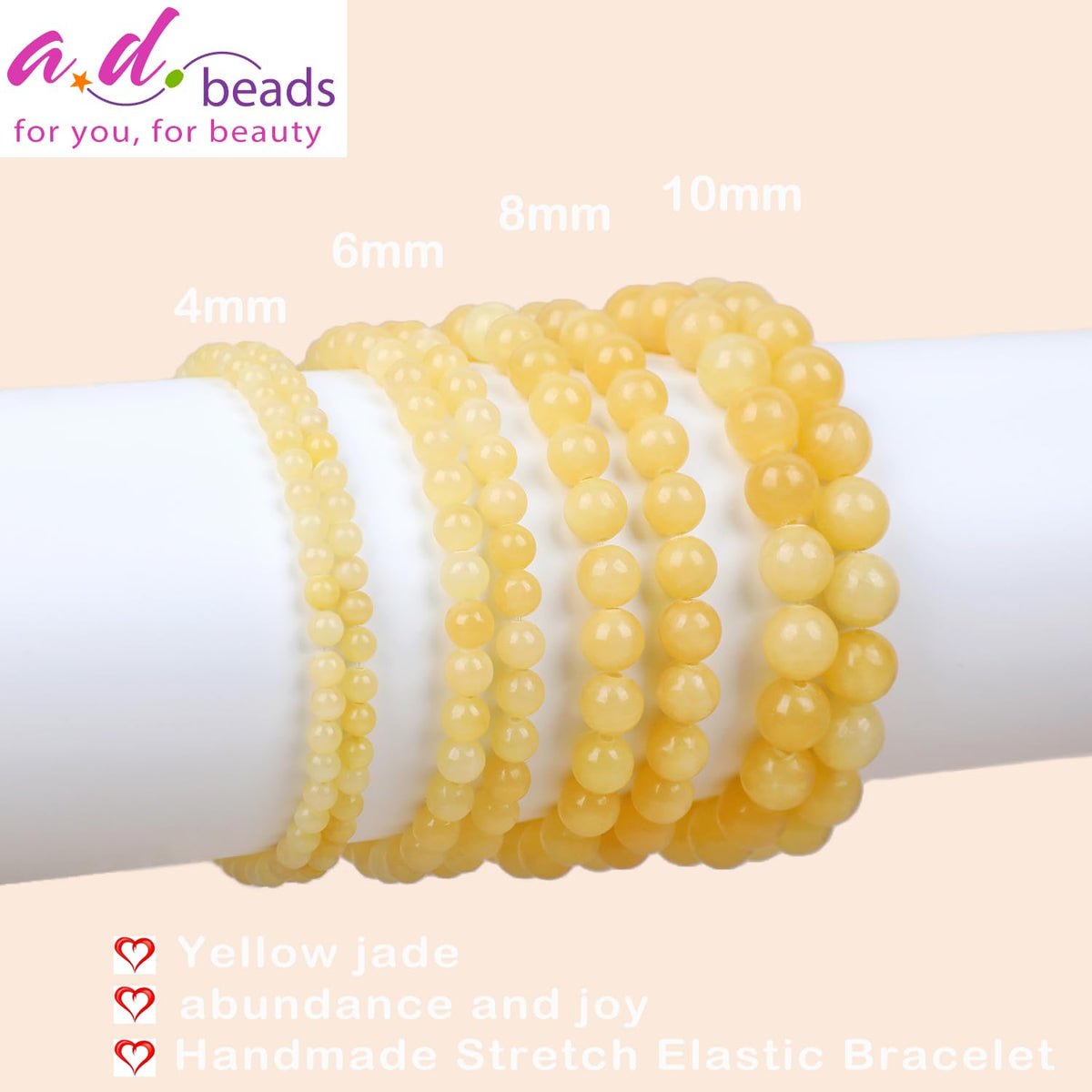 AD Beads Handmade Gemstone Stretch Elastic Bracelet Crystal Healing Reiki Nature's Beauty and Spiritual Essence Unisex (6mm, Yellow Jade (Abundance and Joy))