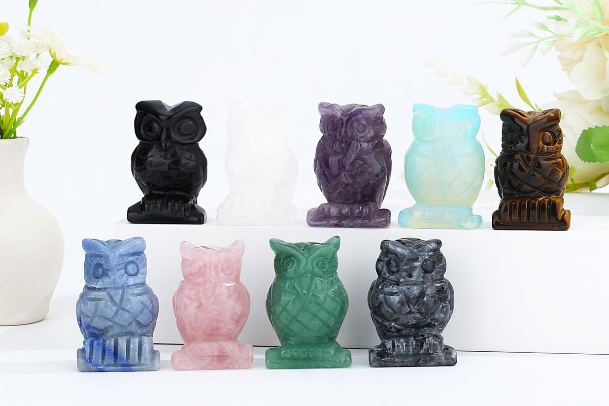 YATOJUZI 2” Owl Decors Natural Clear Quartz Crystals Stones White Cute Decor Polished Hand-Carved Sculpture Statue Figurines Gemstone Home Office Desk Decoration Reiki Energy Gifts