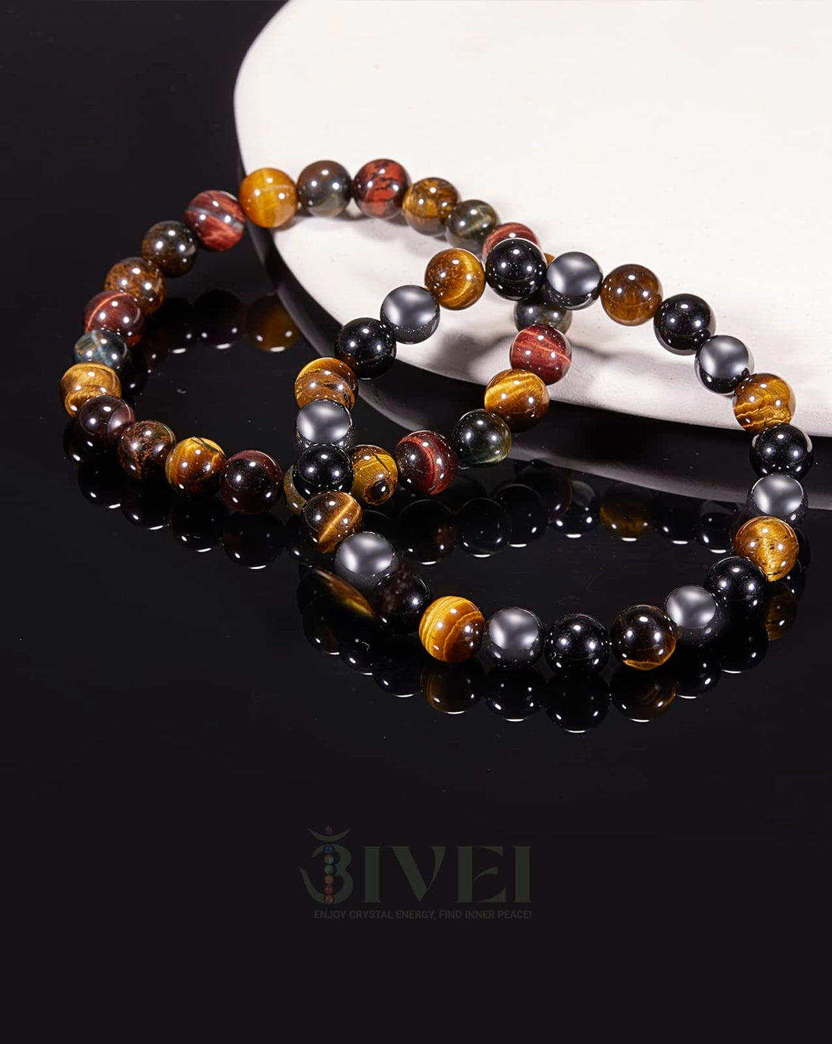 Bivei Natural Gemstone Semi Precious Crystals Handmade Stretchy Round Beads Bracelet, Enhance Positive Energy,Stocking Stuffers for Women(Triple Protection SetSmall)