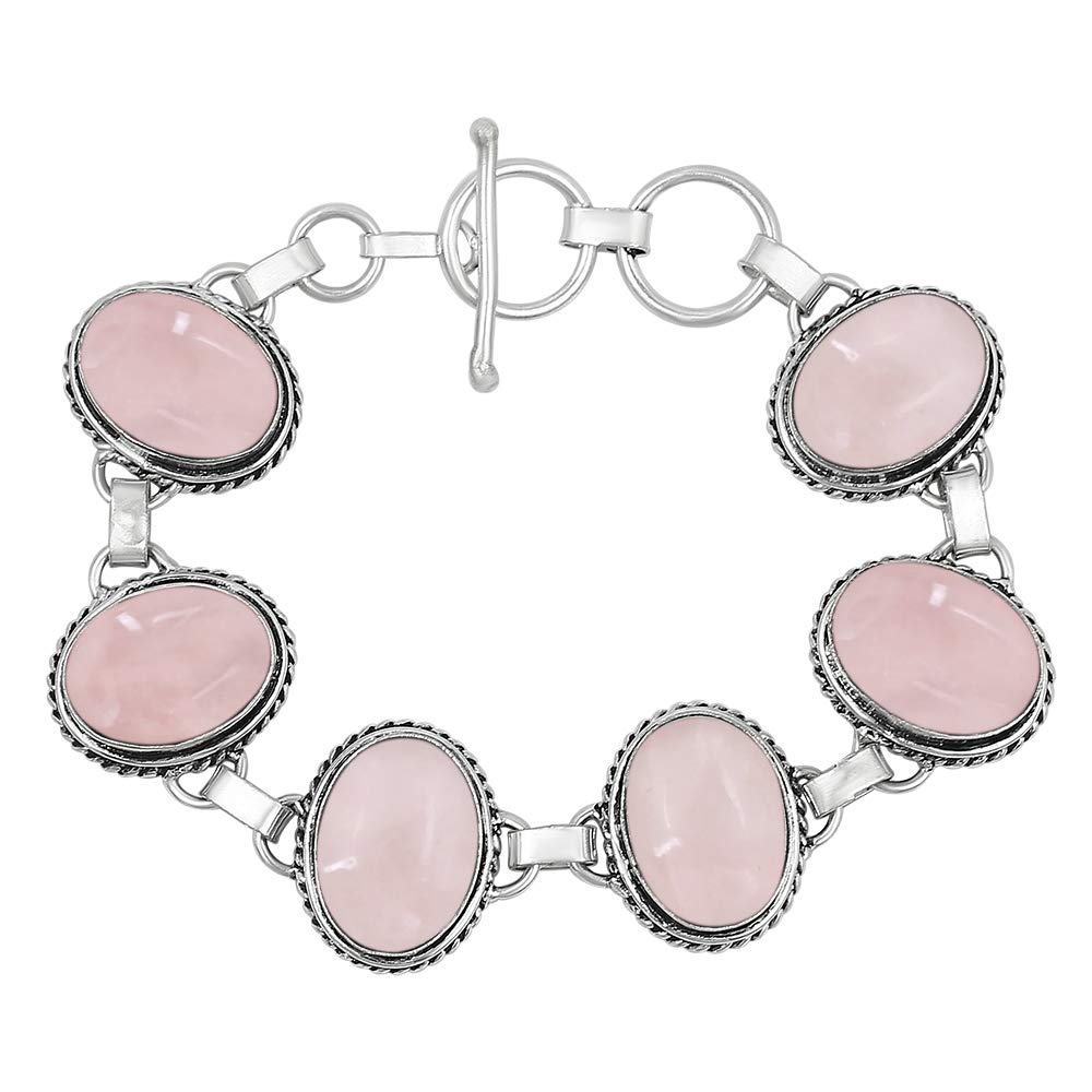 Natural Rose Quartz Silver Plated Handmade Link Bracelet for Women - Pink Color Oval Shape Gemstones January Birthstone Statement Adjustable Bracelet - Valentine Day Gifts for Her