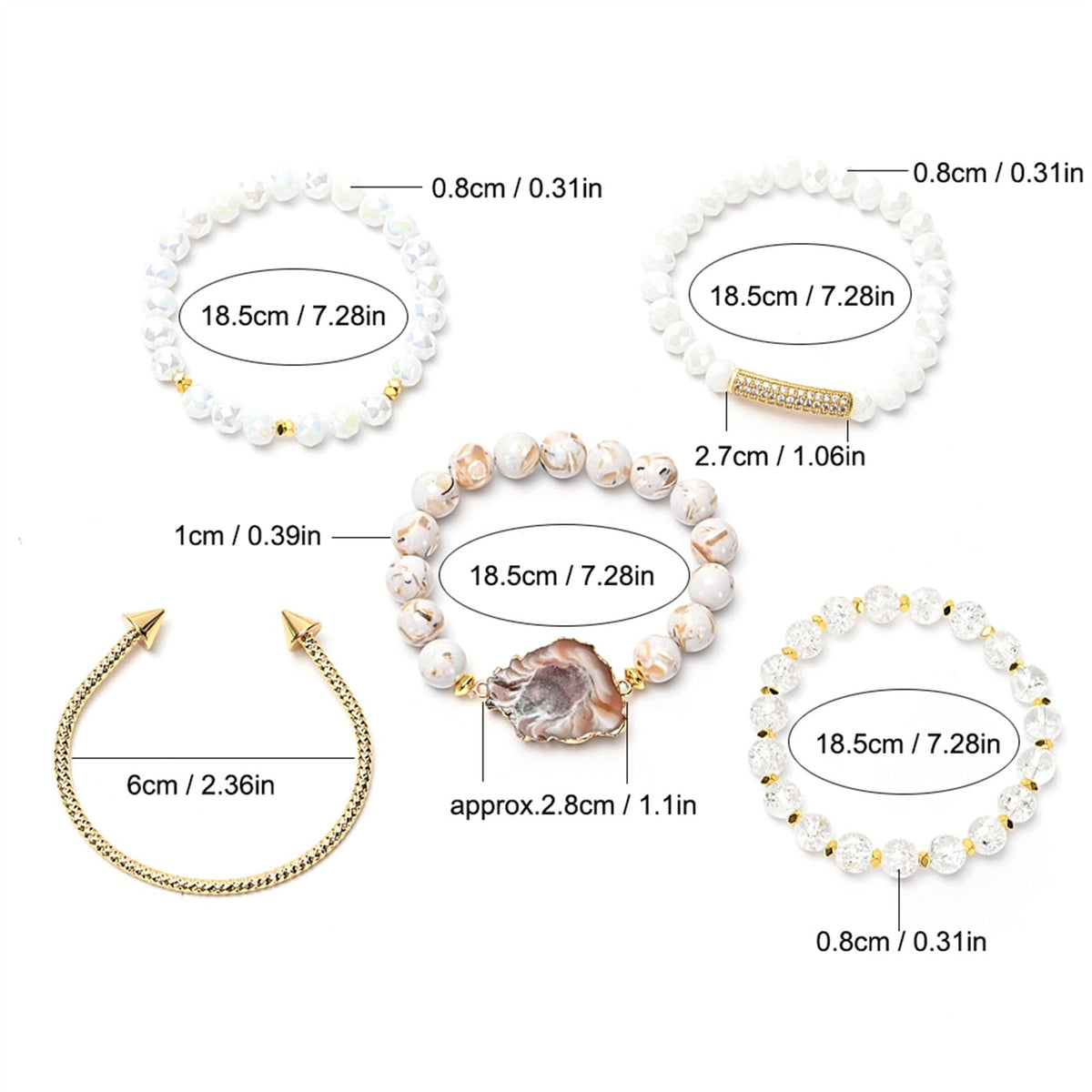 BOPOW 5PCS Beaded Bracelets/Bangle for Women, Multilayered Stackable Elastic Natural Howlite Agate Crystal Stones Bracelets Set Handmade Boho Jewelry Gift for Women