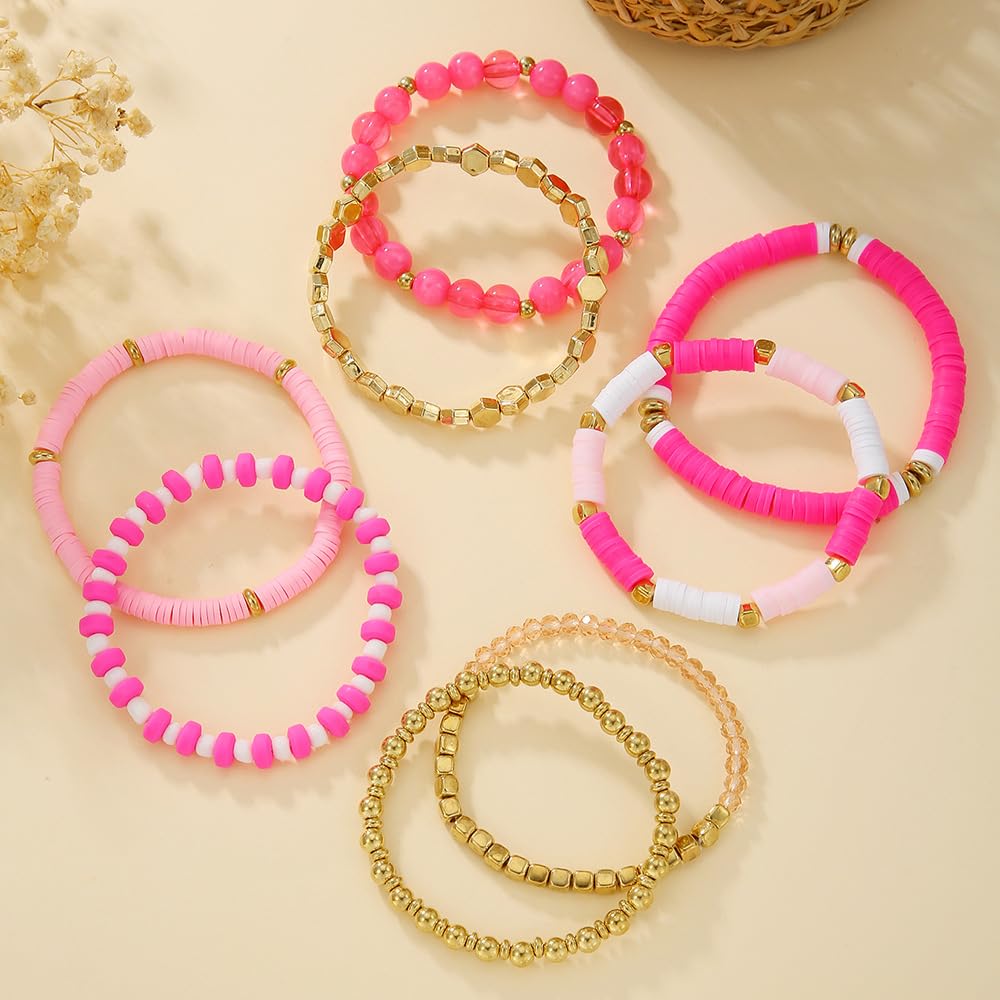 YEOSMINE Boho Heishi Clay Beaded Stretch Bracelets Stack For Women, Preppy Teens Friendship Gold Bracelets Cute Beach Surfer Accessories Bulk Set Trendy Fashion Jewelry