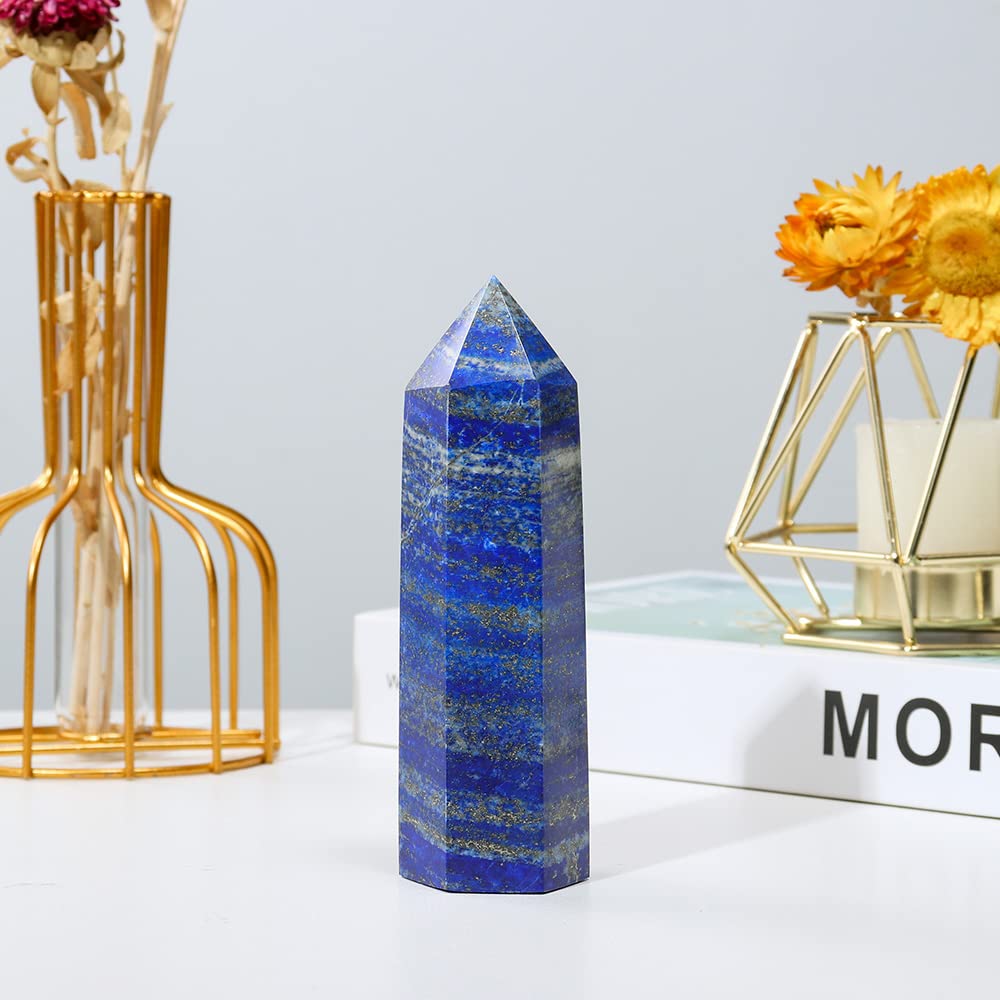 Runyangshi Large Lapis Lazuli Natural Healing Crystal Wand 4.72"-5" Crystals Tower 6 Faceted Single Point Crystal Prism Wand Natural Stones for Meditation Reiki Chakra Therapy Home Decor Gift