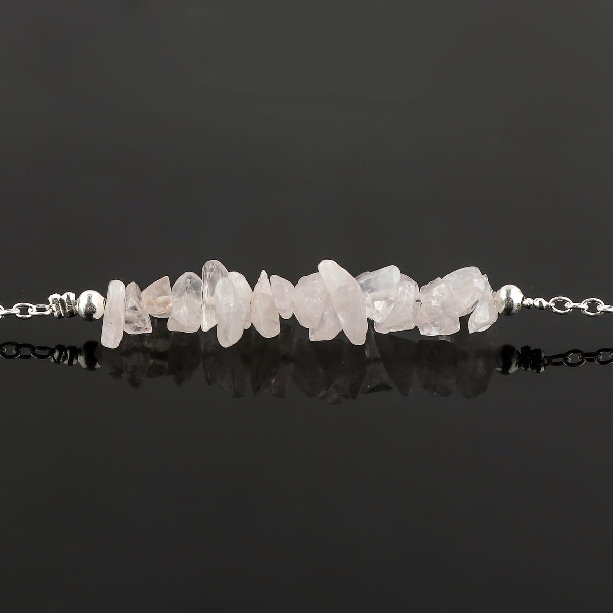 Gemimpression Handmade Rose Quartz Chips Bar Bracelet – Natural Energy Healing Crystals – Silver Plated Adjustable 8 Inch Chain – Christmas Gift