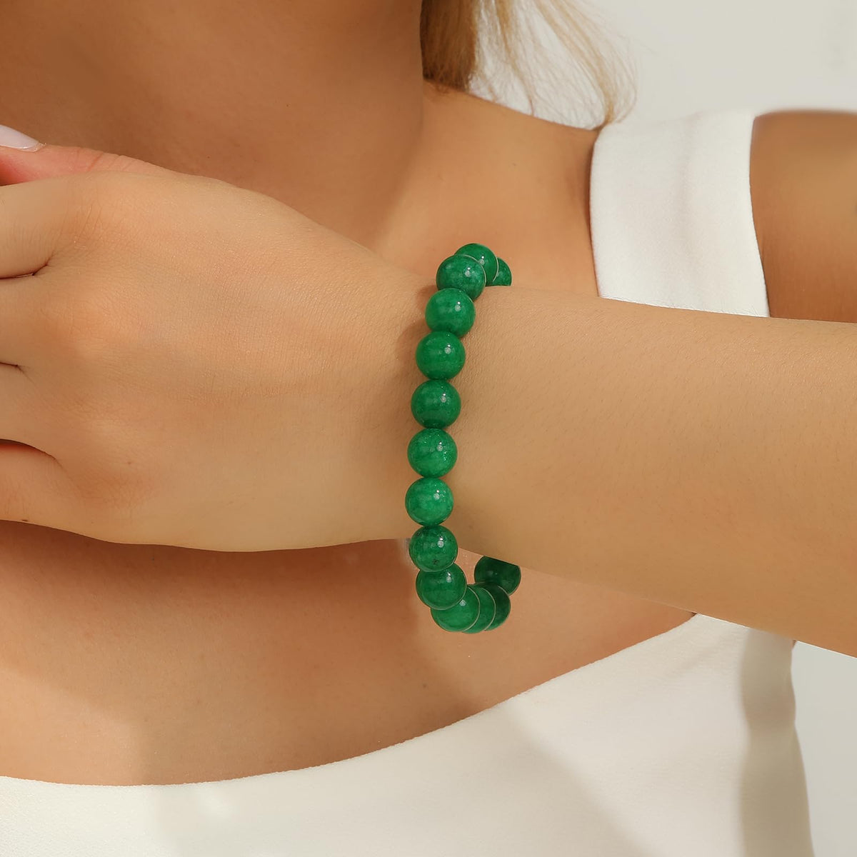 Green Jade Bracelet for Women | Natural Real Jade Crystal Beaded Stretch Bracelet 10mm | Gift for Her Luck Prosperity Healing Gemstone Jewelry