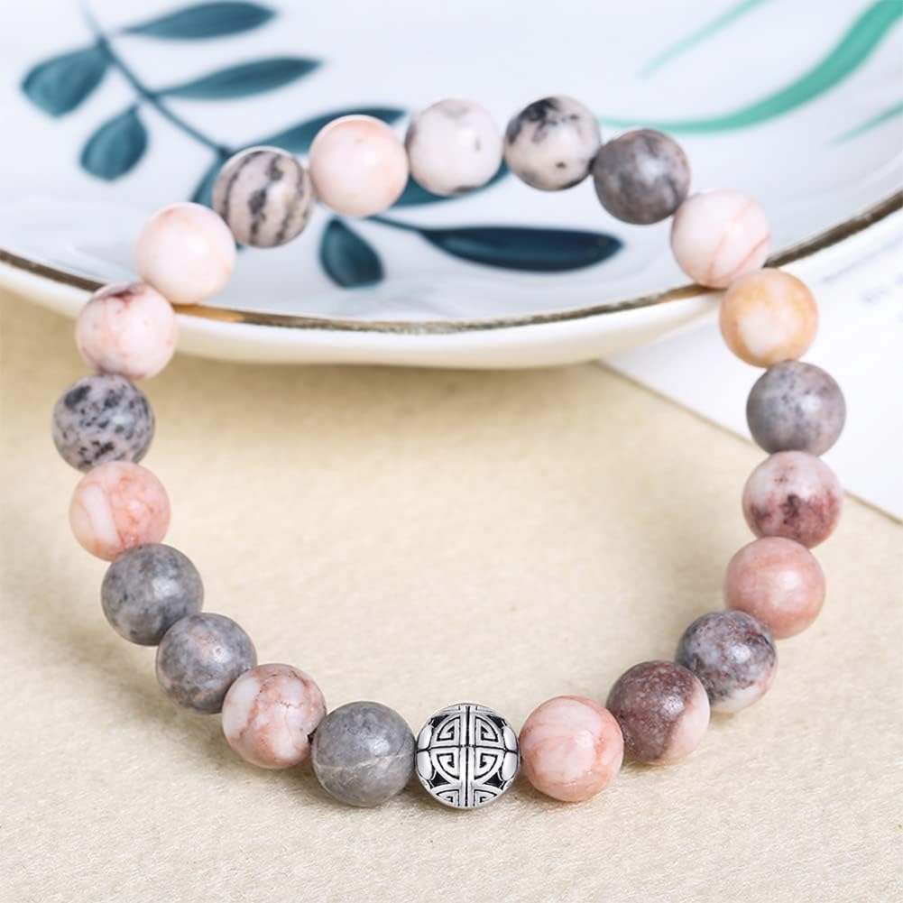 MetJakt Healing Crystals Beaded Bracelets for Womens Natural Gemstone 8mm Beads Stretch Bracelets with 925 Sterling Silver Double Happiness Pendant (Pink Zebra Jasper)