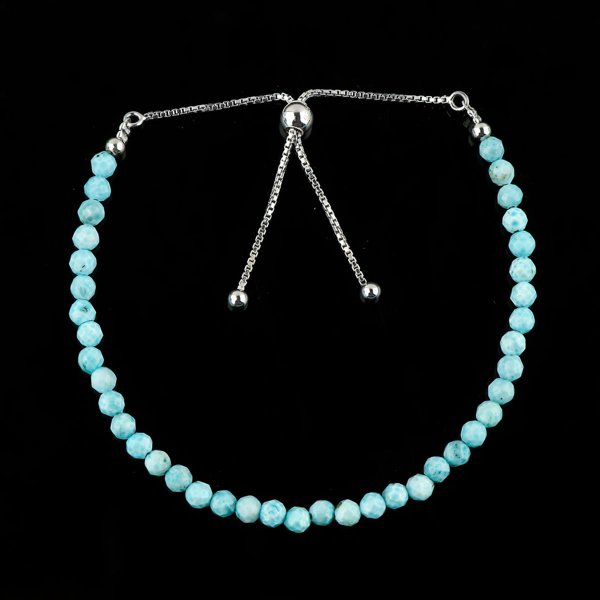 CRYSTALIS 4mm+ Natural Larimar Pectolite Beads Slider Bolo Bracelet, Beaded Crystals, Chakra Healing Stones, Delightful Womens Gemstone Jewelry, 925 Sterling Silver 10 inch