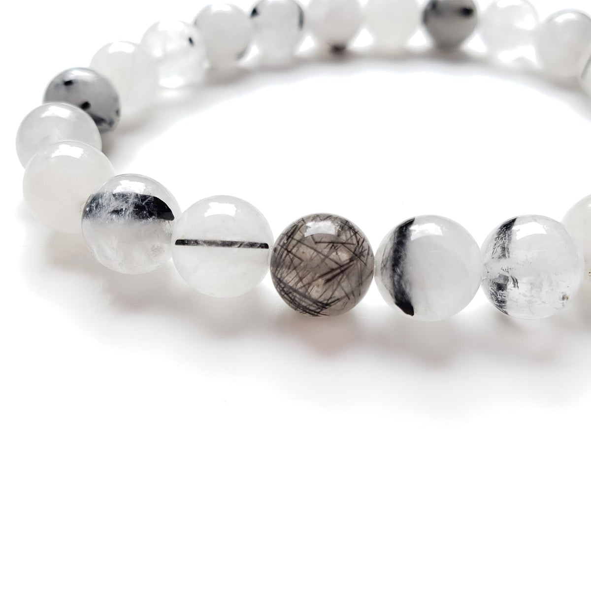chengmu 8mm Black Rutilated Quartz Stretch Bracelet, Natural Gemstone Round Stone Crystal Beads for Beaded Elastic Bracelet 7.5"