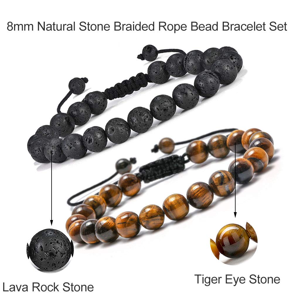 M MOOHAM Beaded Bracelet for Men Gifts - Lava Rock Stone Tiger Eye Bracelet Adjustable Men Birthday Unique Gifts