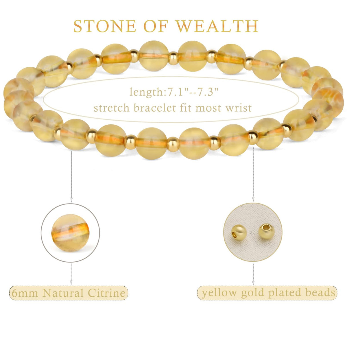 QOGIR Citrine - Stone of Wealth - 14K Gold Plated Beads Natural Gemstone Stretch Elastic Dainty Healing Beaded Bracelets Gifts 6mm