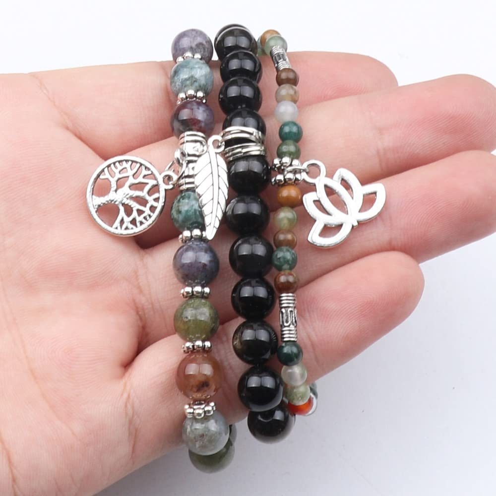 UEUC Tree of Life Yoga Healing Stone Bracelets, Multilayer Lotus Chakra Stone Reiki Bracelet Sets, Anxiety Crystal Natural Stone,for Women Stress Relief(#130)
