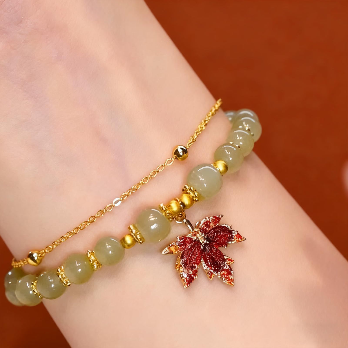 XIAOMOJEW Jade Beaded Bracelets for Women Fall Maple Pendant Bangle Bracelets Chinese Style Bangle Lucky Boho Jewelry (G Maple A)