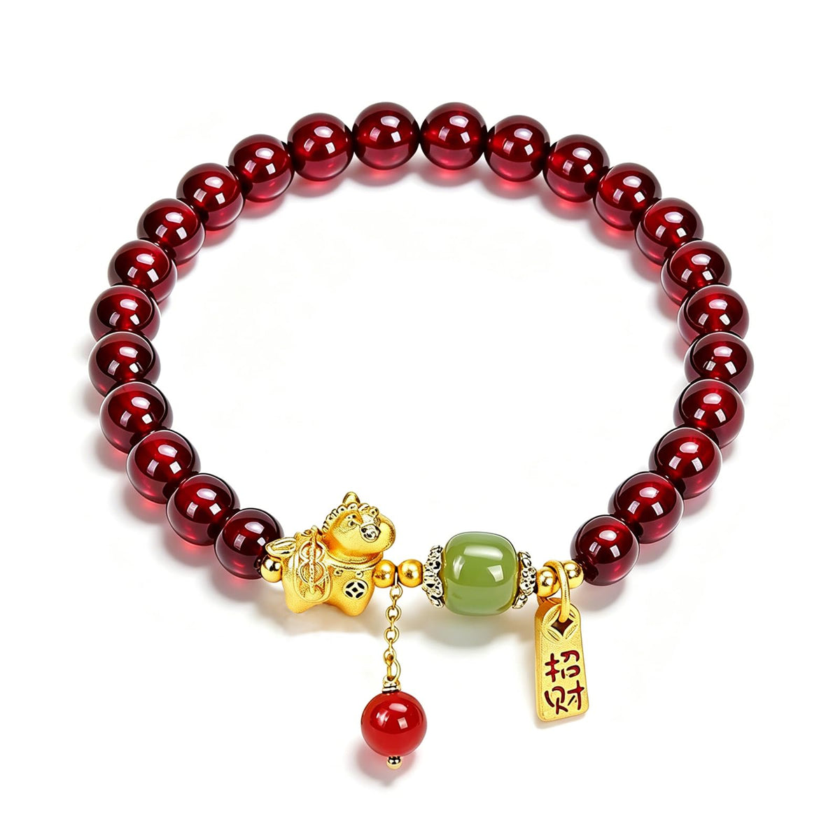 Buddha Stones 5mm Red Garnet Bracelet for Women Gold Horse Bracelet with Hetian Jade and Agate, Feng Shui Wealth Zodiac Bead Charm Bracelets Healing Crystal Jewelry Gifts 6.7 Inch