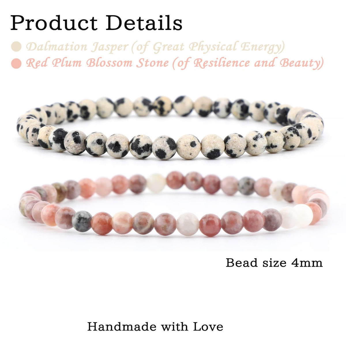 NCB 2-Piece 4mm Natural Crystal Gemstone Stretch Bracelets – ﻿Dalmation Jasper, Red Plum Blossom Stone Handmade Reiki Energy Healing Jewelry for Meditation,Yoga, Unisex