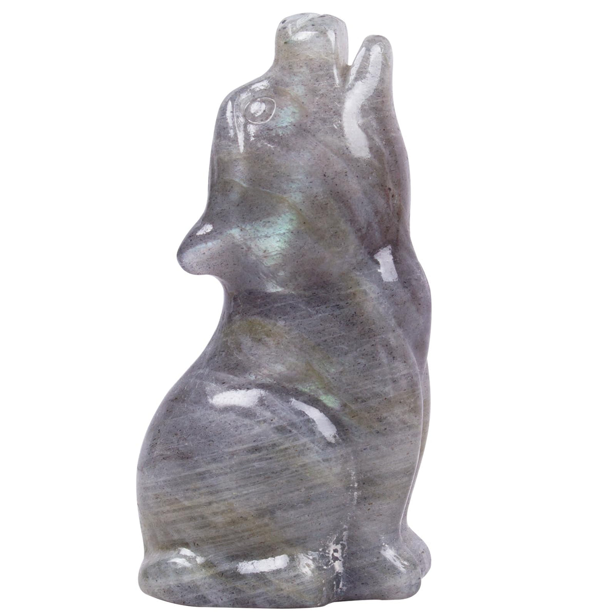 QLRSUXN Labradorite Howling Wolf Crystal Figurines, 2.2 Inch Wolf Totem Spirit Animal Statue Decor for Home Office Desk Altar, Hand Carved Natural Healing Crystal Sculpture Gifts for Women Men