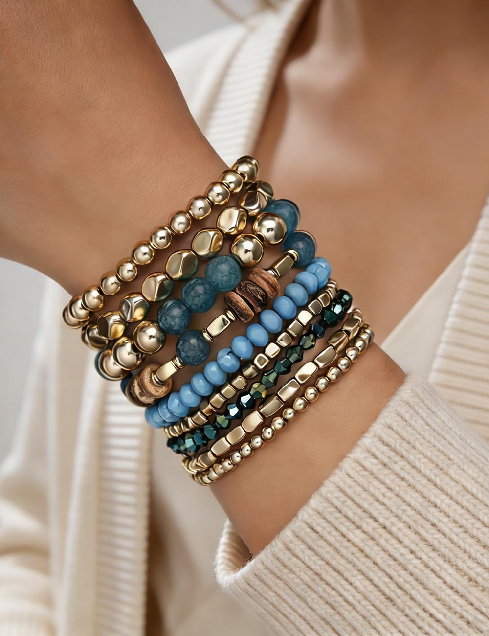 iF YOU 12 Pcs Boho Beaded Bracelets for Women, Brown Orange Bohemian Stackable Gold Bead Stretch Bracelets Stack Jewelry Gift (Blue beaded bracelets)