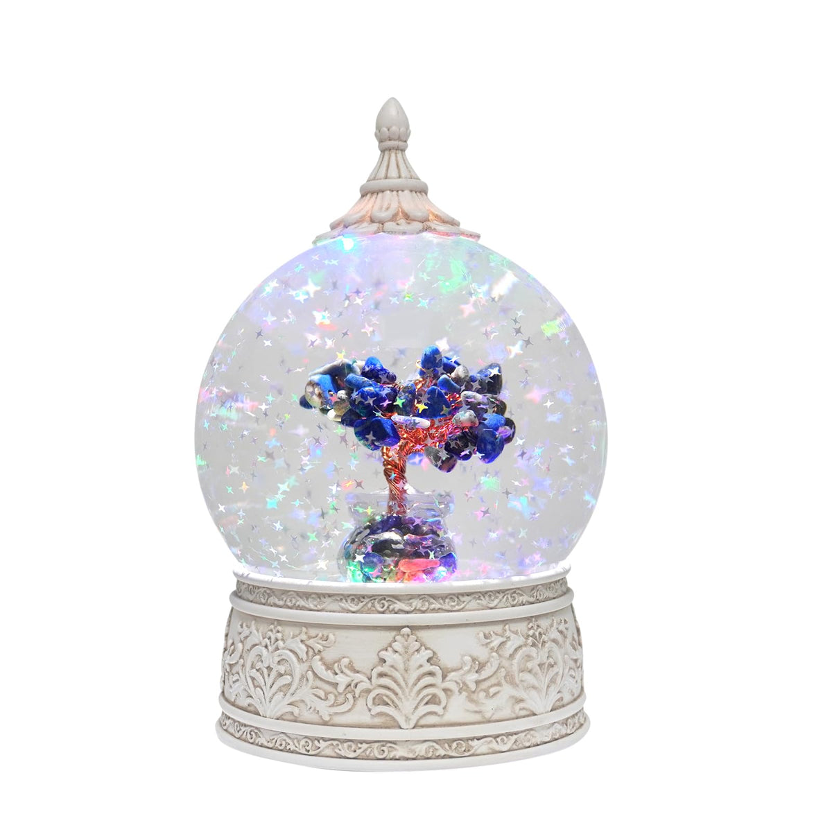 Lapis Lazuli Healing Crystal Tree Globe with Colorful Lights Sparkling Glitter, Natural Gemstone Base, Spiritual Meditation, Positive Energy Good Luck, Home Decor, Birthday Gifts (Lapis Lazuli)