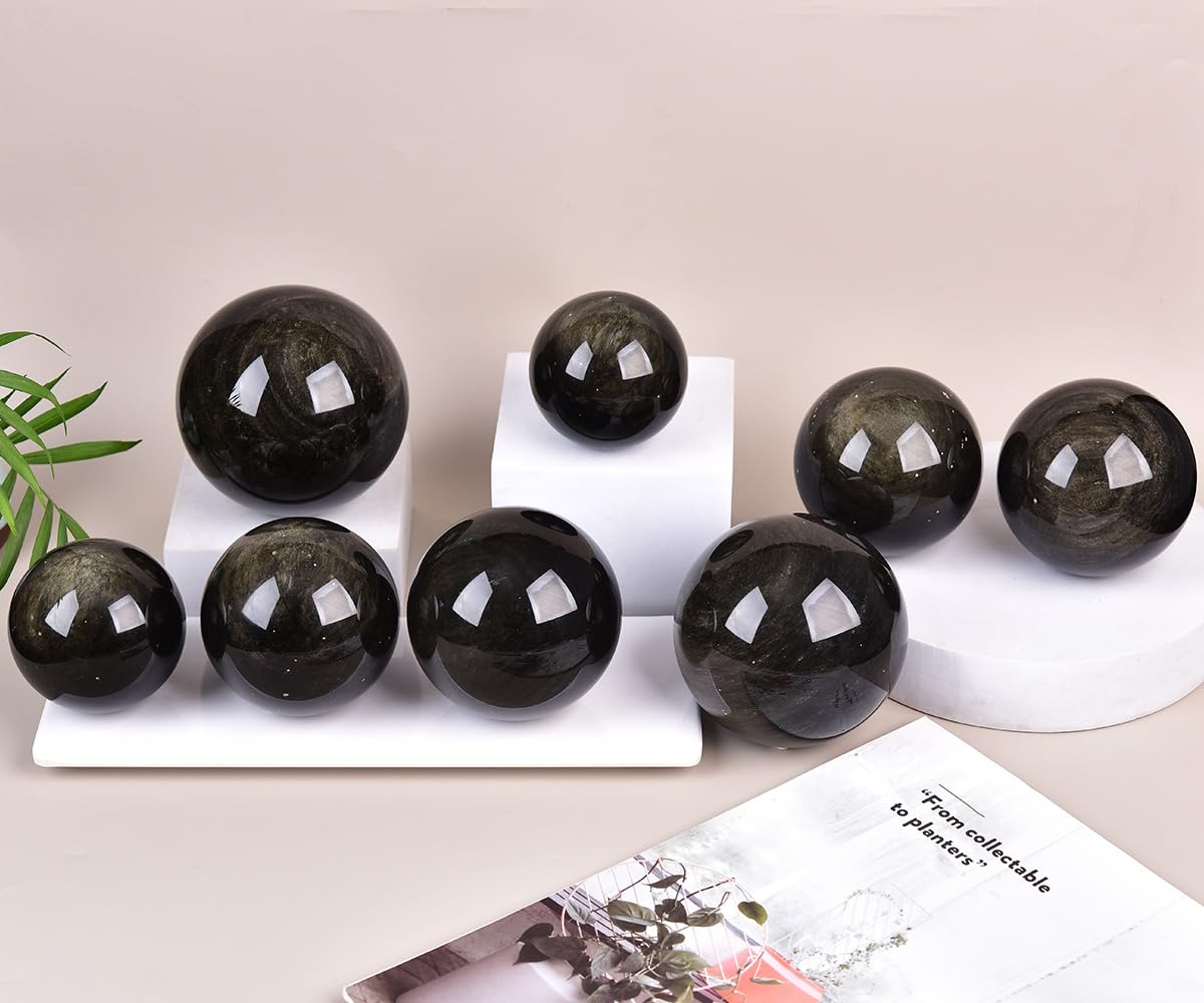 JIC Gem Golden Obsidian Crystal Sphere Large Healing Crystal Ball with Stand Ornament Meditation Witchcraft Decor 2.3-2.7 inch(60-70mm)
