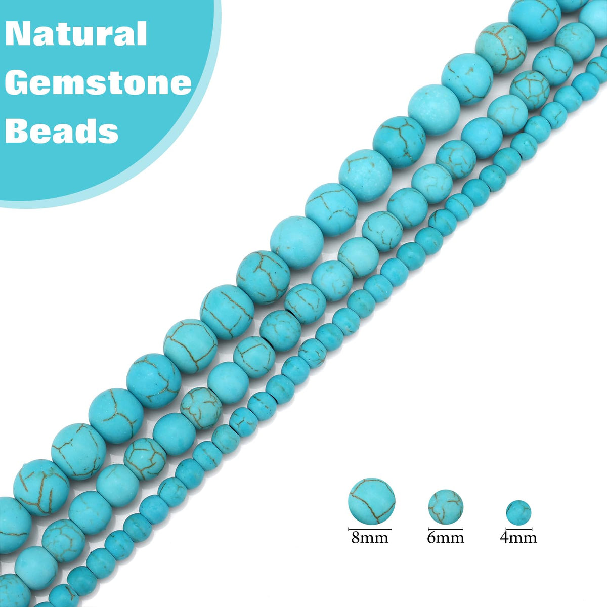 Vinswet 45pcs 8mm Turquoise Natural Stone Beads Round Genuine Real Stone Beading Loose Gemstones DIY Smooth Bead for Bracelet Necklace Earrings Jewelry Making