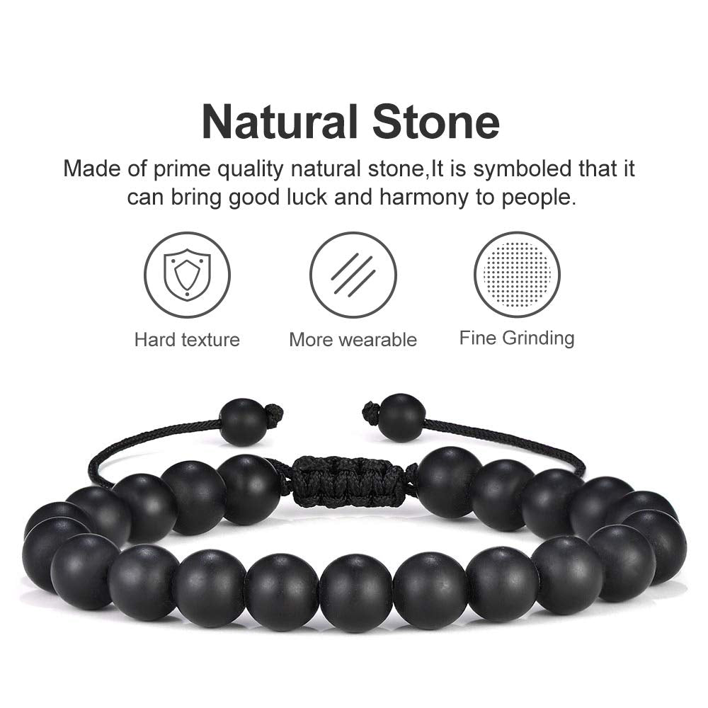 M MOOHAM Mens Bracelet Gifts for Him - Tiger Eye Black Matte Agate Mens Adjustable Bracelet Gifts for Teen Boy 16-18