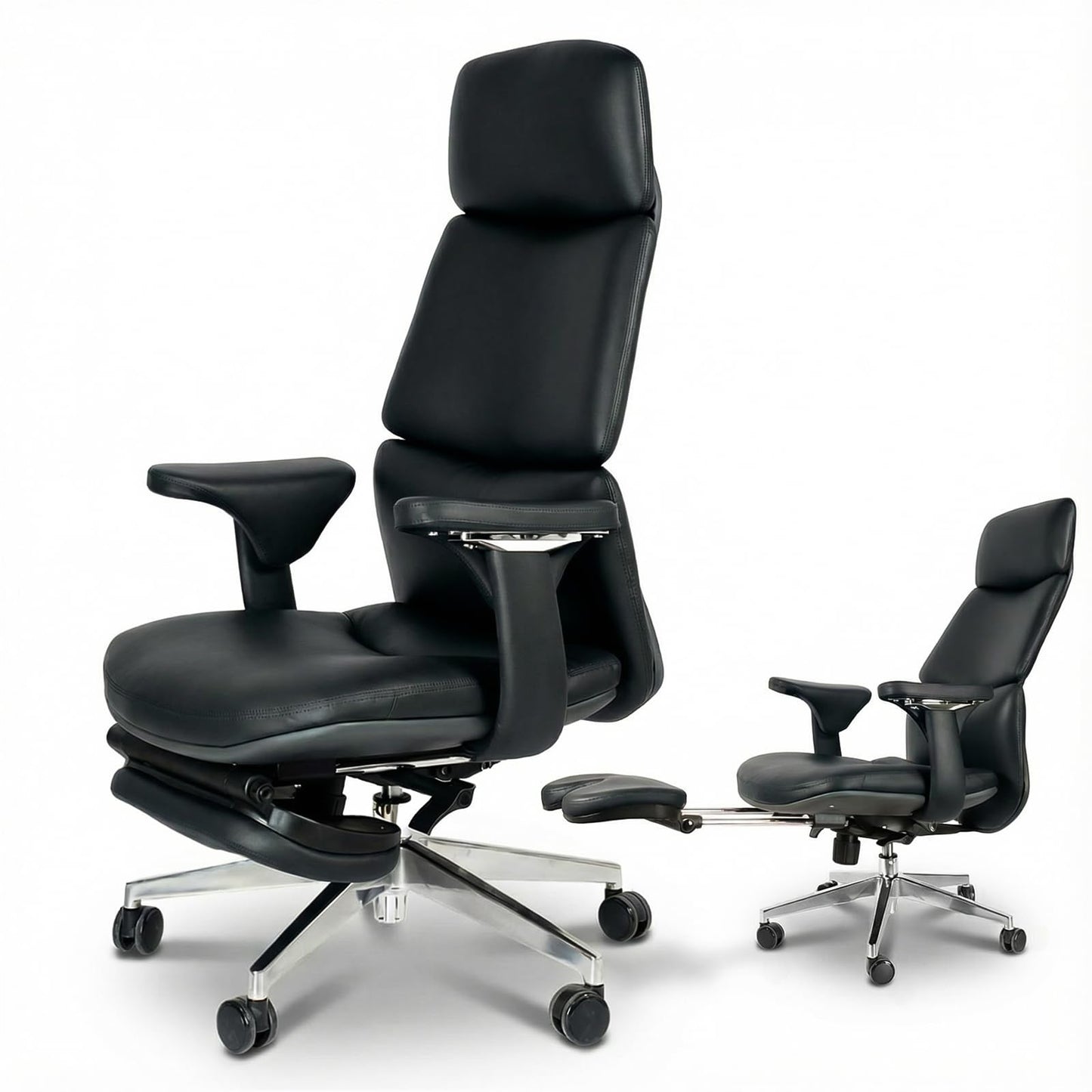 FurniBaron Genuine Leather Office Chair with Flexible Footrest, High Back Executive Office Chair with Lumbar Support, Adjustable Tilt Mechanism, Weight Capacity 400 lbs (Black)