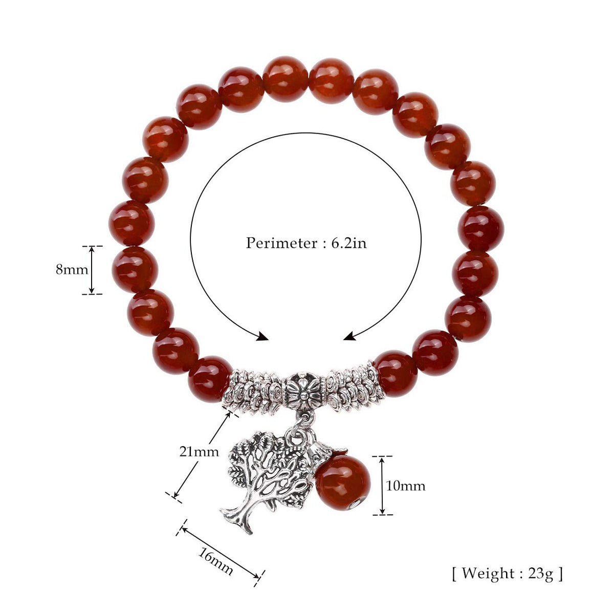 Jovivi 8MM Natural Red Agate Healing Point Tree Life Lucky Charm Stretch Bracelet