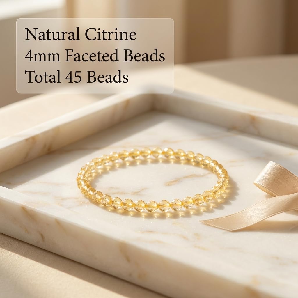 Angelstones Natural Citrine Gemstone Stretch Bracelet, 4mm Faceted Round Beads, Crystal Healing for Women