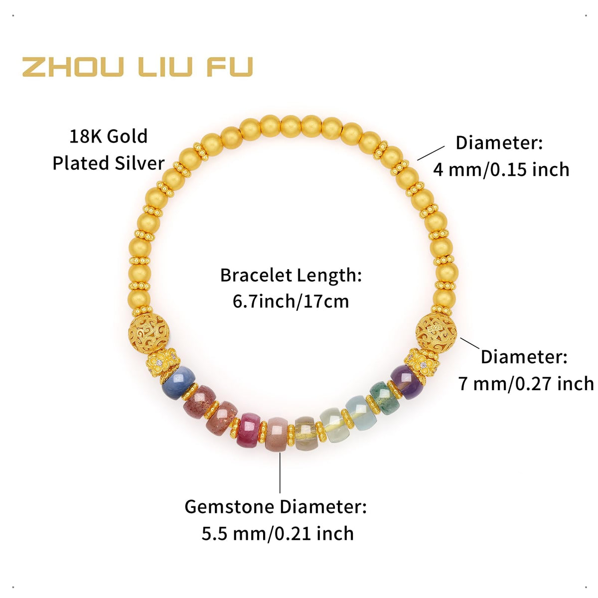 ZHOU LIU FU Sterling Silver Beaded Bracelets Silver Crystal Stretch Bracelet Blessing Silver FengShui Ball Charm Jewelry for Women Her Anniversary Birthday 6.7"/17CM J1916258